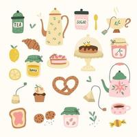 Hand drawn set with cups and sweeties, teapots. Vector illustration for cafe menu, logo, banner, flayer, stickers