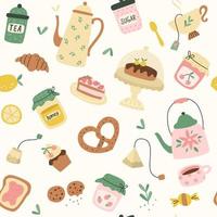 Seamless pattern with cups and sweeties, teapots. Vector illustration