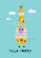 Greeting card hello summer with cute cartoon giraffe. Vector illustration