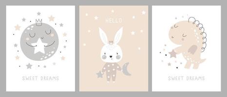 Set of cards with cute cartoon characters and phrases. Childish background with moon, stars, cloud, rabbit, dino. Vector illustration