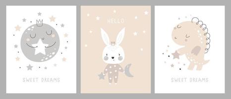 Set of cards with cute cartoon characters and phrases. Childish background with moon, stars, cloud, rabbit, dino. Vector illustration