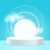 Round and podium standing on blue pastel background. 3d pedestal for product vector illustration. Scene with glitter glowing circle. Abstract realistic decoration.