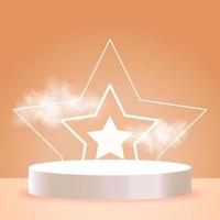 Stars and podium standing on yellow pastel background. 3d pedestal for product vector illustration. Scene with glittering shining stars. Abstract realistic decoration.