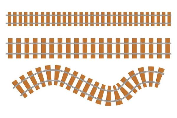 Rail way collection top view, train road in cartoon style isolated on white background. Curve line set railroad.
