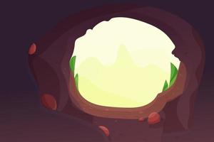 Cave entrance, forest hole with stones and round frame, grass in cartoon style, game background. Ui game design vector