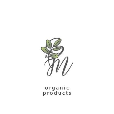 BM logo monogram with green leaf nature organic bio curved shape premium vector design template