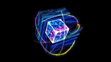 Cube quantum computer core futuristic technology digital layer dimension holographic and mystery dark blue waveform with core surface and atom moving by infinity energy