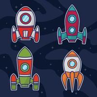 Spaceship Cartoon Stickers Set. Collection of rocket isolated vector illustrations.