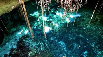 Blue turquoise water limestone cave sinkhole cenote Tajma ha Mexico. video