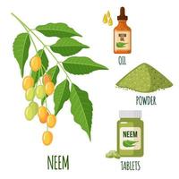 Neem herb set or nimtree with oil, powder and tablets in flat style isolated on white background. Ayurvedic medical plant. Vector illustration.