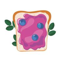 Blueberry jam spreading on bread in flat style isolated on white background. Icon of delicious breakfast with butter toast. Vector illustration.