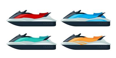 iconos de scooter de chorro de color establecidos en estilo plano aislado sobre fondo blanco. bicicleta de agua de dibujos animados. ilustración vectorial