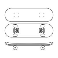 Skateboard icon in line art style isolated on white background. Top and side view. Vector illustration.