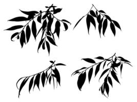 Silhouette of twigs with leaves isolated on white background. Set of Black branches. Vector illustration.