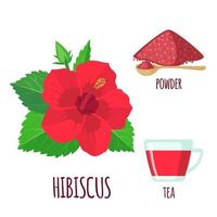 Hibiscus set with powder and tea in flat style isolated on white background. Vector illustration.