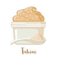 Tahini sesame seed paste icon in flat style isolated on white background. Traditional food in Palestine. Tahini sause and spoon with seasame. Vector illustration.