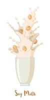 Soy milk icon in flat style isolated on white background. Soy beans in splash milk. Healthy drink. Vector illustration