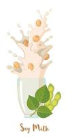 Soy milk icon in flat style isolated on white background. Soy beans in splash milk. Healthy drink. Vector illustration