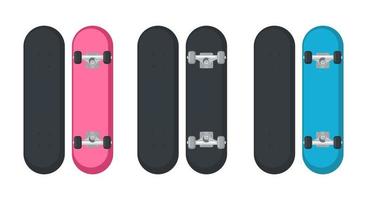 Set of skateboard icons in flat style isolated on white background. Top and back view. Vector illustration.