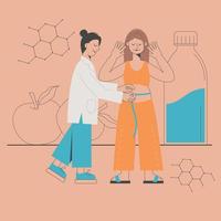 Nutritionist measures a woman's parameters. Nutrition therapy with healthy food and physical activity. The concept of health. Flat vector illustration