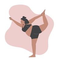 Plus size woman doing gymnastic exercise flat illustration. Body positive concept. Attractive overweight model. Love yourself and love your body concept. vector