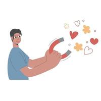 Flat illustration of a man with a magnet attracts love, hearts and flowers. Romantic cute concept. vector