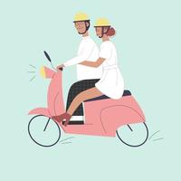 Wedding couple on a moped. The concept of love. The newlyweds are getting married.