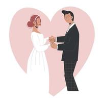 Wedding couple holding hands. The bride and groom are getting married. The concept of love. Girl in a wedding dress and a guy in a suit. Newlyweds under the crown. vector