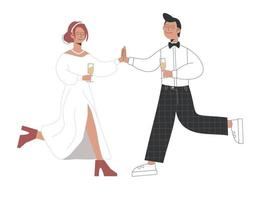 Wedding couple with a drink holding hands. Holiday and love concept. The newlyweds are getting married. vector