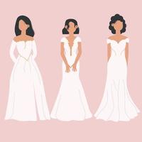 Collection of women brides in beautiful wedding dresses. Holiday and love concept. vector