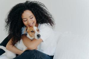 Happy African American woman expresses love to dog, embraces pet, dressed in casual wear, sit on comfortable bed in bedroom, sleeps with domestic animal. Jack russell terrier with owner in morning photo