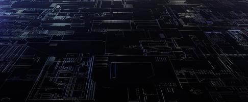 Dark electronic circuit lines with light. Digital drawing of motherboard and chips from 3d render with wiring connections. Futuristic technical textures with processor connection strips photo