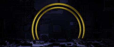 círculos de marco cibernético dorado en la plantilla de placa de circuito electrónico. líneas semicirculares amarillas digitales en 3d de placa base oscura con procesadores y chips. escena elegante con decoraciones geométricas foto