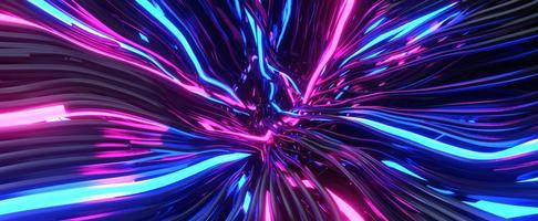 nudo abstracto de energía hecho de cables de neón. flujo entrelazado de cables azules de representación 3d púrpura retorcidos en la red. líneas de comunicación digital futurista con movimiento constante y sobrecarga foto