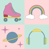 Collage with 1970 vibe sign. Pink roller skate, rainbow, planet and earphone on pastel background. Psychedelic trendy retro elements for cards and posters vector