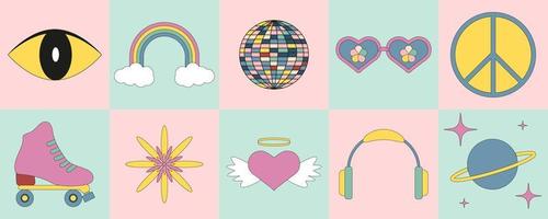 Psychedelic retro cards with 1970 vibe. Groovy vintage stickers with hippie trendy elements such as roller skate, planet, heart with wings and eye vector