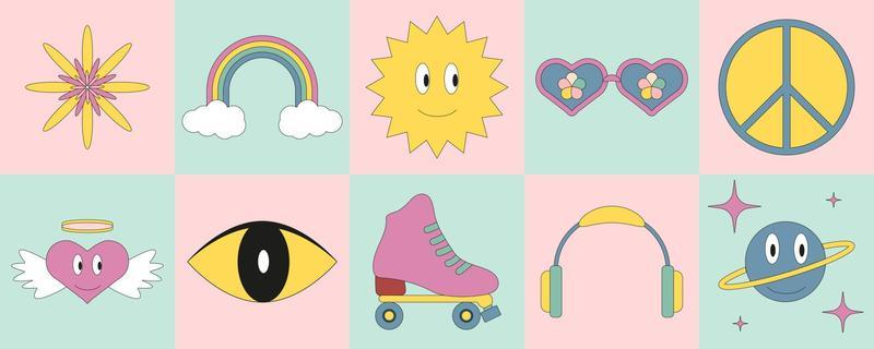 Funny retro cartoon characters. Psychedelic vintage cards with rainbow, sunglasses, sun and heart with wings and ring. Graphic elements for poster templates