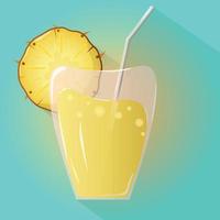 Glass of pineapple juice on blue background. Summer colorful design. Good for menu design. Vector illustration. Flat icon