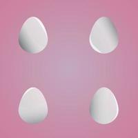 Set of white eggs with shadows and glares on magenta background. Realistic eggs in different positions. Vector illustration with 3d decorative objects for Easter design.