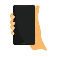 Hand holding a smartphone on a white background. Flat vector illustration