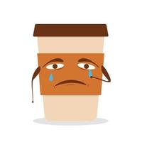 Cute sad, crying coffee paper cup. Vector flat cartoon character illustration icon design.Isolated on white background. Coffee to go, take away