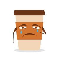 Linda taza de papel de café triste y llorando. diseño de icono de ilustración de personaje de dibujos animados plano vectorial.aislado sobre fondo blanco. café para llevar, llevar vector