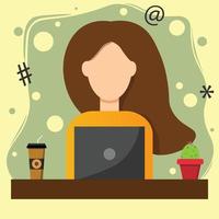Woman using a tablet computer in a cafe. Girl surfing in the social network. Female rewriting in social network concept. Vector flat design illustration isolated on yellow background.