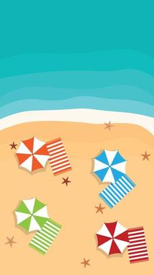 Beautiful beach with color umbrellas and towels on sand. Top view vector illustration