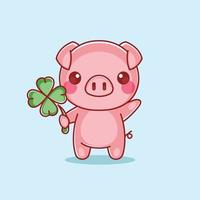 Cute pig holding clover leaves cartoon vector