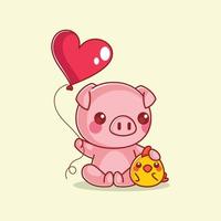 Cute cartoon pig and chick holding a balloon vector
