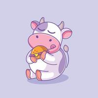 Cute cow eating burger cartoon vector