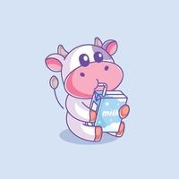 Cute cow drinking milk box vector