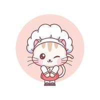 Chef cat smiling happy is cooking with a happy kitchen illustration vector