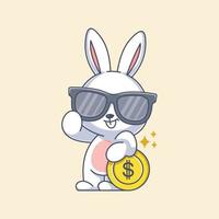 Cute bunny wearing glasses and leaning on a coin vector